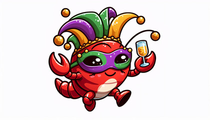 Funny cartoon crawfish in Mardi Gras shoes and mask dancing joyfully in vector sticker style