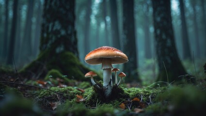 Mushrooms growing on the forest floor with tall trees in the background in a lush green woodland scene.
