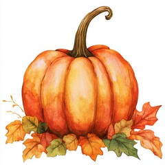 Watercolor Pumpkin with Autumn Leaves – Fall Harvest Illustration