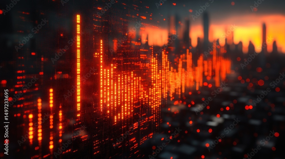 Poster futuristic cityscape with dynamic data visualization