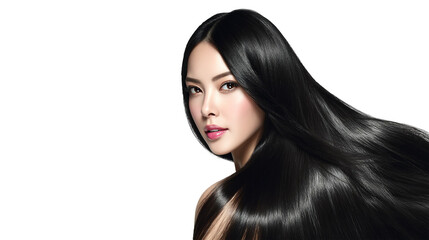 Korean beauty model with very long perfect smooth shiny black hair, on white background.