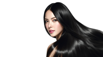 Korean beauty model with very long perfect smooth shiny black hair, on white background.