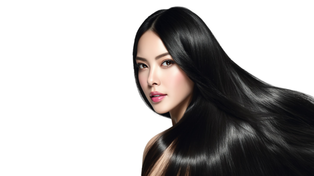 Korean beauty model with very long perfect smooth shiny black hair, on white background.