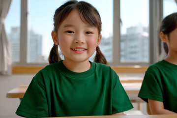 In a cheerful classroom, Asian schoolgirls in green uniforms share ideas and build knowledge through teamwork and study.