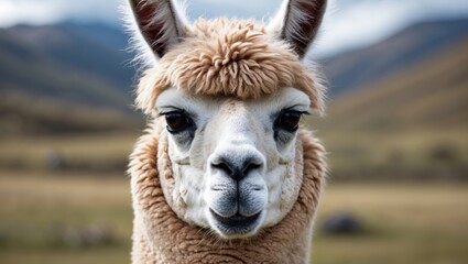 Obraz premium Close-up of a llama's face in a natural landscape with mountains, highlighting the animal's features.