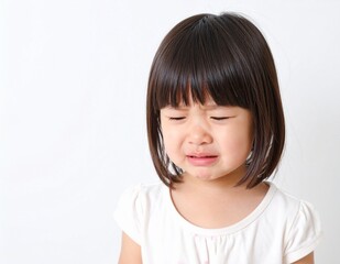泣いている幼い女の子のポートレート（白背景）