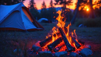 A campfire with burning logs at sunset near tents in the woods. Outdoor camping scene with a campfire, nature, and evening sky.