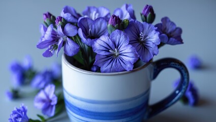 Purple flowers in a white and blue mug with scattered flowers around, labeled 1847
