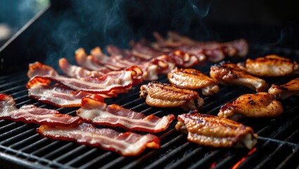 Grilled bacon and chicken pieces cooking on a barbecue grill.
