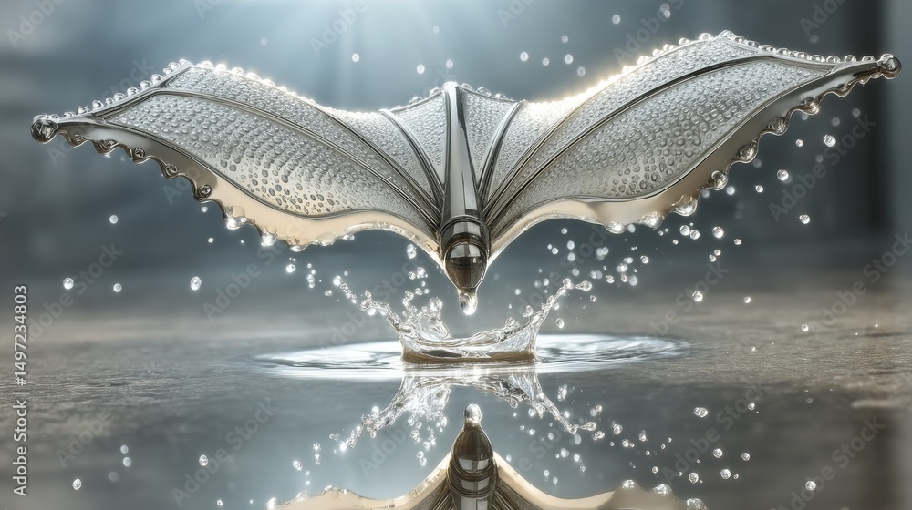 Poster mirror drop captured mid-flight during fall with sharp studio lighting on black background, highligh