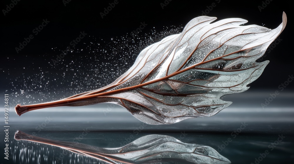 Poster mirror drop captured mid-flight during fall with sharp studio lighting on black background, highligh
