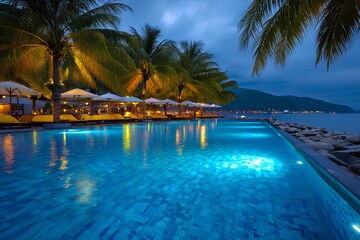 Obraz premium Serene tropical evening by the resort pool, with vibrant blue water reflecting lights and surrounded by lush palm trees.