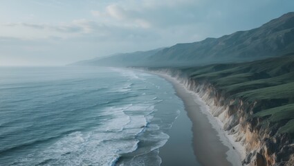 Aerial view of a shoreline with waves, cliffs, and green hills under a partly cloudy sky. Coastline and landscape scene. Nature and coastal environment. The concept of scenic landscapes and coastal...