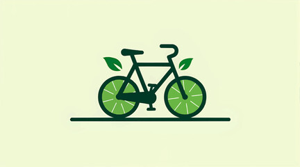 Fototapeta premium Bicycle illustration with green wheels and leaves on a light background 