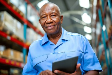 Mature African male inventory controller in a light blue shirt monitoring warehouse supplies on a digital device.