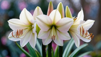 Fototapeta premium Cluster of white lilies with pinkish accents and prominent stamens, blooming in a garden setting.