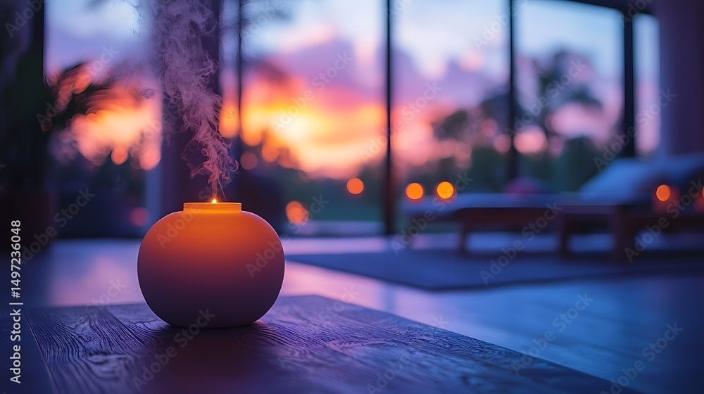 Poster peaceful spa setting with essential oil diffuser and serene sunset view