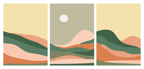 Abstract mountain on set with Mountain, Hills, sun. Mid century modern minimalist art print. Abstract backgrounds landscape. use for print art, poster, cover and banner