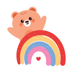 cute drawing cartoon bear on top of the rainbow. cute drawing for kids sticker, doodle sticker