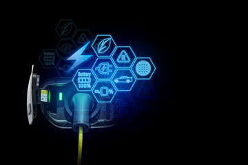 Power cable pump plug in charging power to electric vehicle EV car.