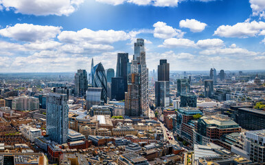 Aerial view of the skyline at the City of London, England, during a sunny summer day