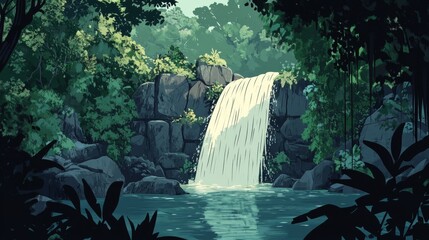 Tropical Waterfall in Jungle Foliage – Vector Illustration