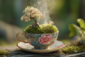 Miniature bonsai tree with pink flowers in an ornate teacup on a saucer, surrounded by moss. Steam rises delicately. Sunlit setting with greenery in soft focus background