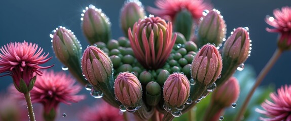 Close-up of a succulent plant with pink flowers and water droplets, showcasing detailed textures and vibrant colors.