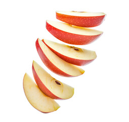 Red apple slices isolated on white background.