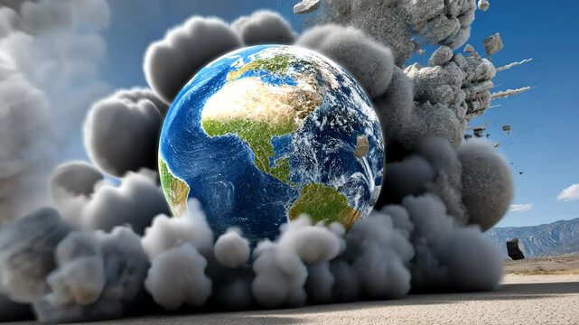 In a stunning display of raw power and uncontrollable chaos, the Earth erupts dramatically against a stark and desolate desert backdrop