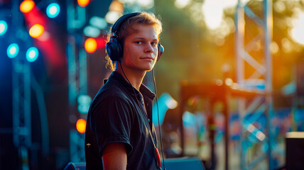 Professional stage manager backstage at a summer music festival, wearing a headset and black shirt, focused expression, colorful stage lights in background, afternoon sun, realistic human features, cl