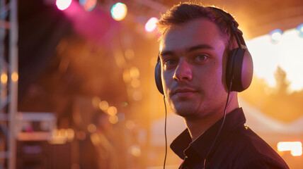 Professional stage manager backstage at a summer music festival, wearing a headset and black shirt, focused expression, colorful stage lights in background, afternoon sun, realistic human features, cl