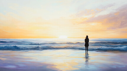 Tranquil ocean sunset scene with figure in contemplation
