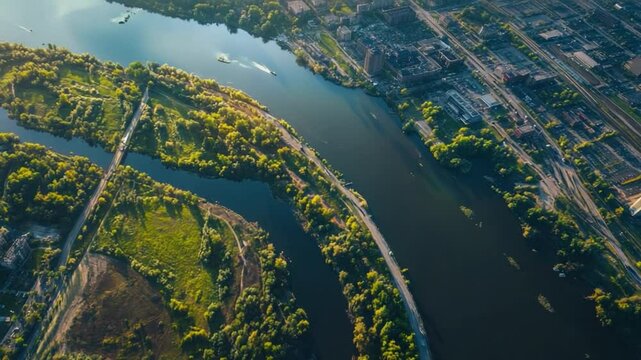 Riverside Cityscape: An aerial view showcases a meandering river bisecting a city, the waterway reflecting the azure sky, and the verdant landscape and human development.