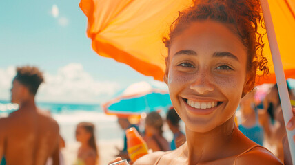 Young woman promoting sunscreen at a branded stand on a crowded beach, handing samples to beachgoers, parasol for shade, smiling naturally, clean sunny background, perfect anatomy and commercial look,