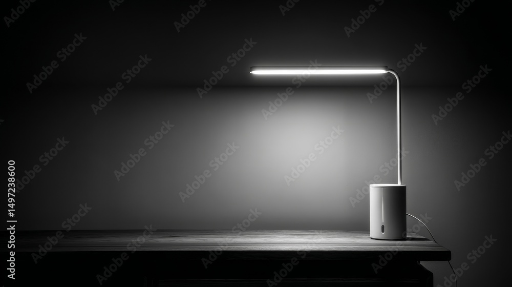 Poster minimalist white led desk lamp with cylindrical base and rectangular shade glowing on clean oak desk