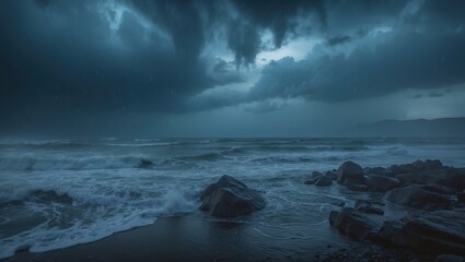 Obraz premium Stormy ocean scene with dark clouds and crashing waves on the rocky shore. Nature and weather, concept. The scene of turbulent waters and stormy skies over the sea.