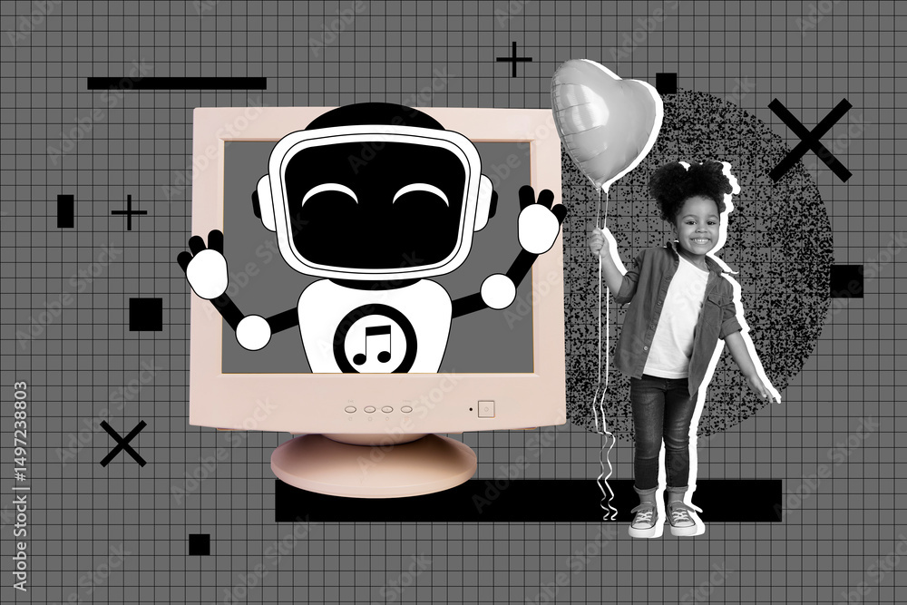Poster 3d image sketch artwork collage of happy girl stand pc monitor display robotic technology artificial