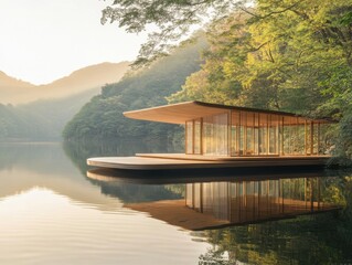 Modern architecture blends with nature at a serene lakeside retreat during early morning light