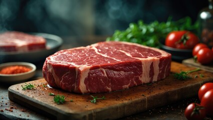 Fototapeta premium Fresh meat on a cutting board with tomatoes and herbs, ready for cooking or grilling.