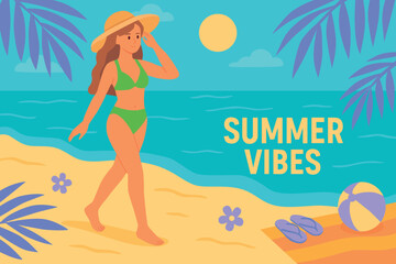 Woman in green swimsuit and sunhat walking on tropical beach. Perfect for summer promotions, travel websites, vacation ads, posters, seasonal social media posts. Flat simple vector illustration.