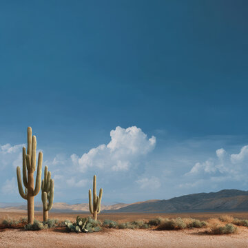 breathtaking summer landscape featuring vast desert in nevada dotted with tall cacti under clear blue sky