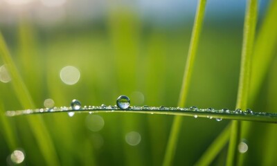 Morning dew on lush green grass blades glistening in the sunlight