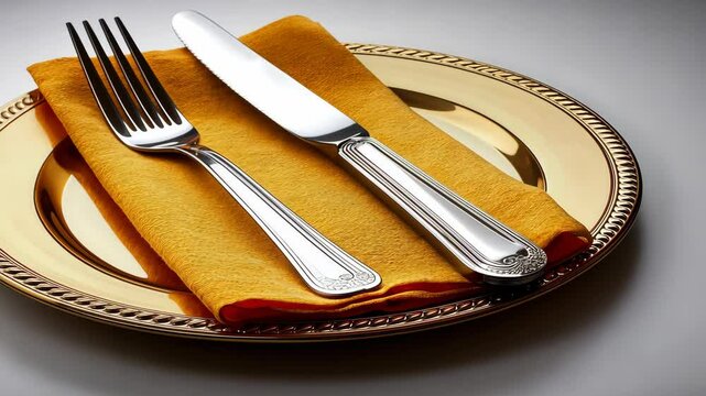 An exquisite table arrangement featuring polished silverware elegantly placed atop a striking golden plate, complemented by a vibrant yellow napkin