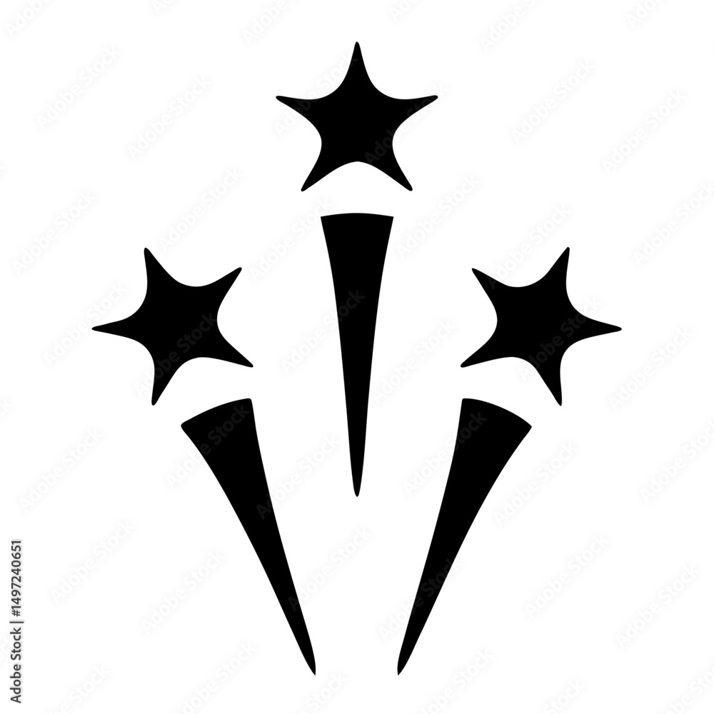 Poster three black stylized stars with trails, creating a firework like display
