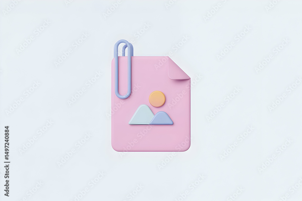 Poster pink pastel 3d render of an image file icon with paperclip