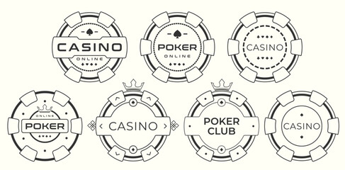 Linear style black and white icons set of casino and poker chips. Ideal for minimalist game UI, poker clubs, gambling websites, and logo design projects