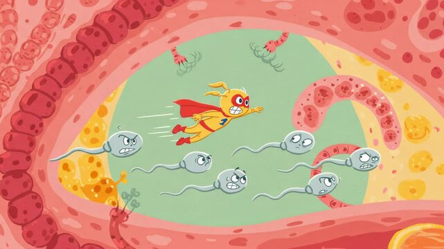 Cartoon hero dashes through the uterus overcoming challenges to arrive at the egg