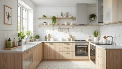 Bright Scandinavian-style kitchen with light wood finishes, white tiles, compact shelving, and indoor plants on windowsill, cozy and clean design
