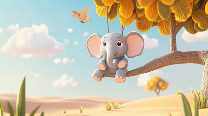 Adorable Cartoon Baby Elephant Sitting on Tree Branch in Sunny Savannah